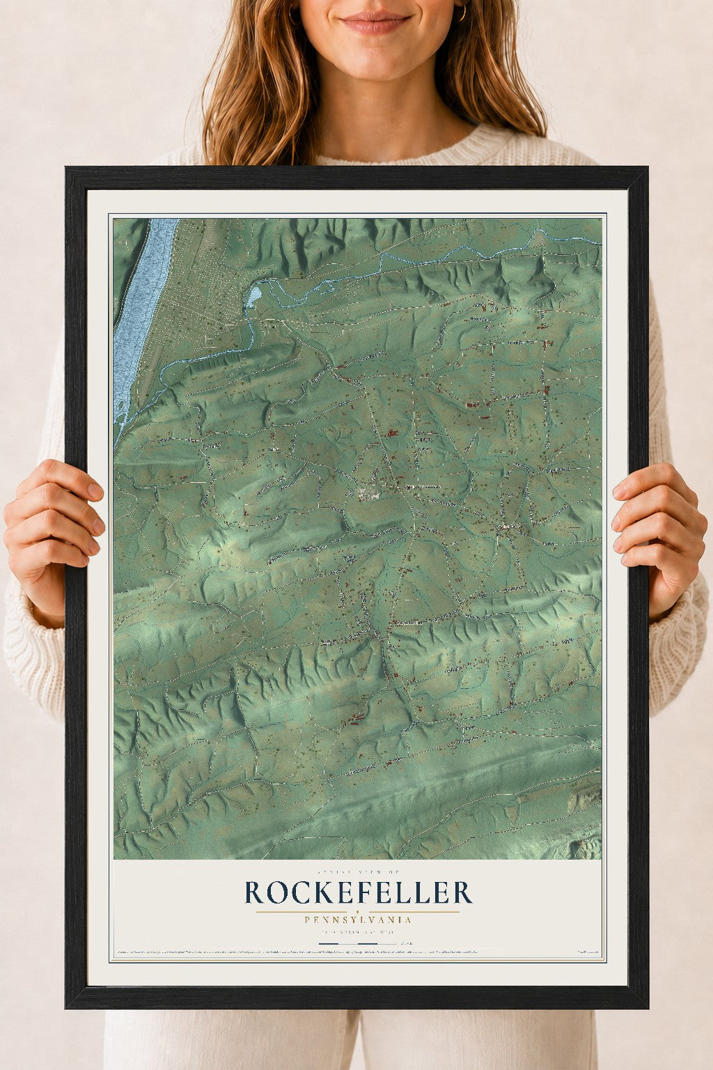 Map of Rockefeller, Pennsylvania, 18 x 24 inch print in a black wood frame