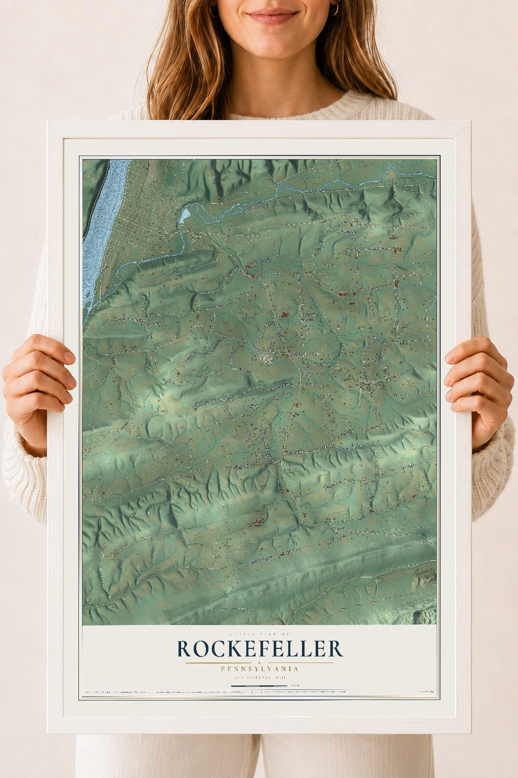 Map of Rockefeller, Pennsylvania, 18 x 24 inch print in a white wood frame