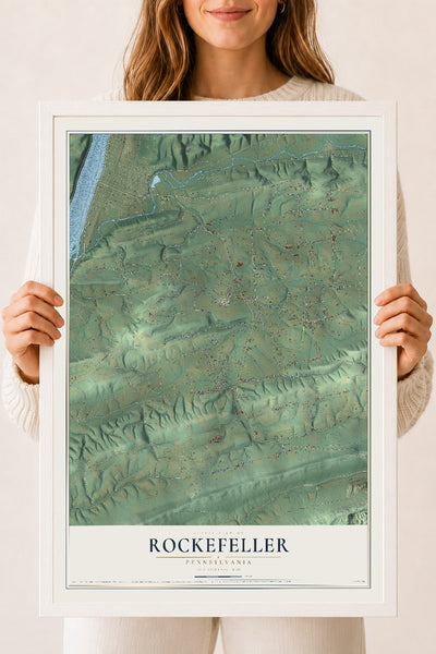 Map of Rockefeller, Pennsylvania, 18 x 24 inch print in a white wood frame