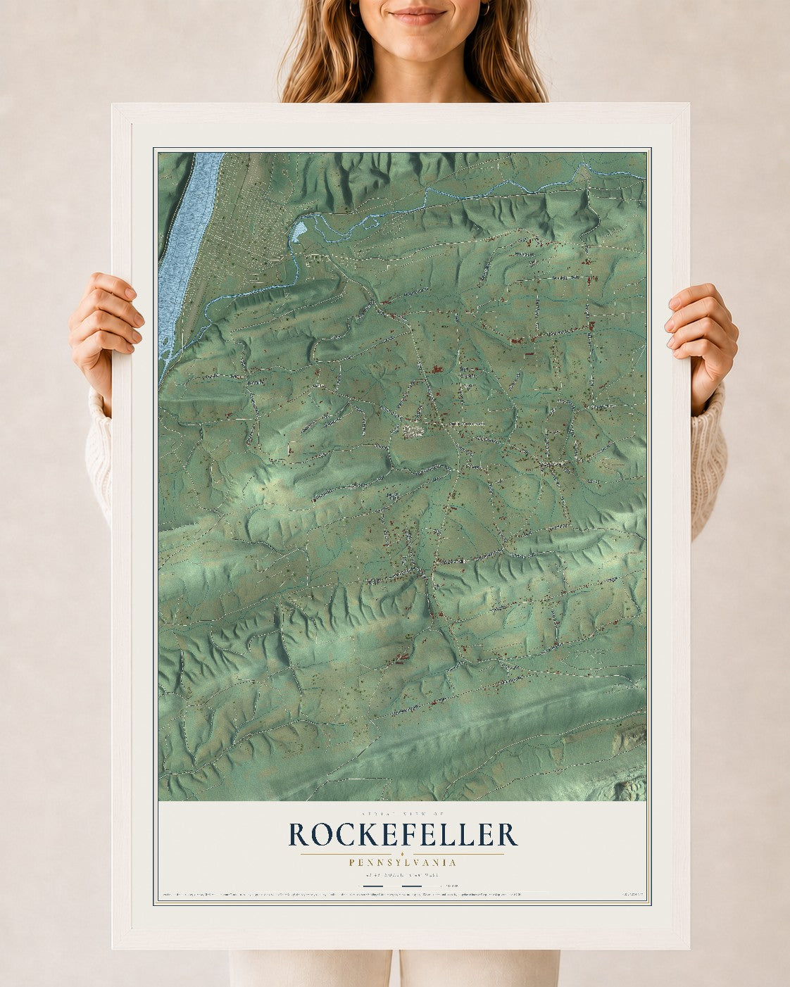 Map of Rockefeller, Pennsylvania, 24 x 36 inch print in a white wood frame