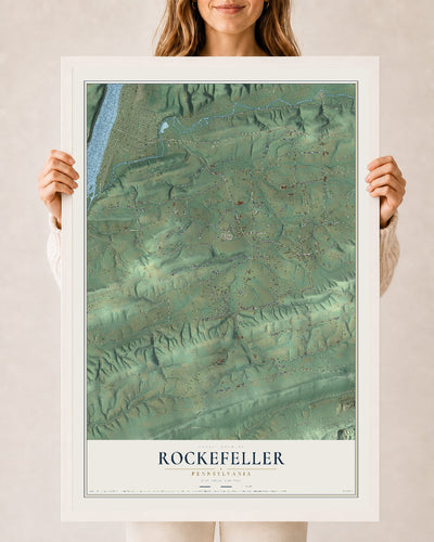 Map of Rockefeller, Pennsylvania, 24 x 36 inch print in a white wood frame