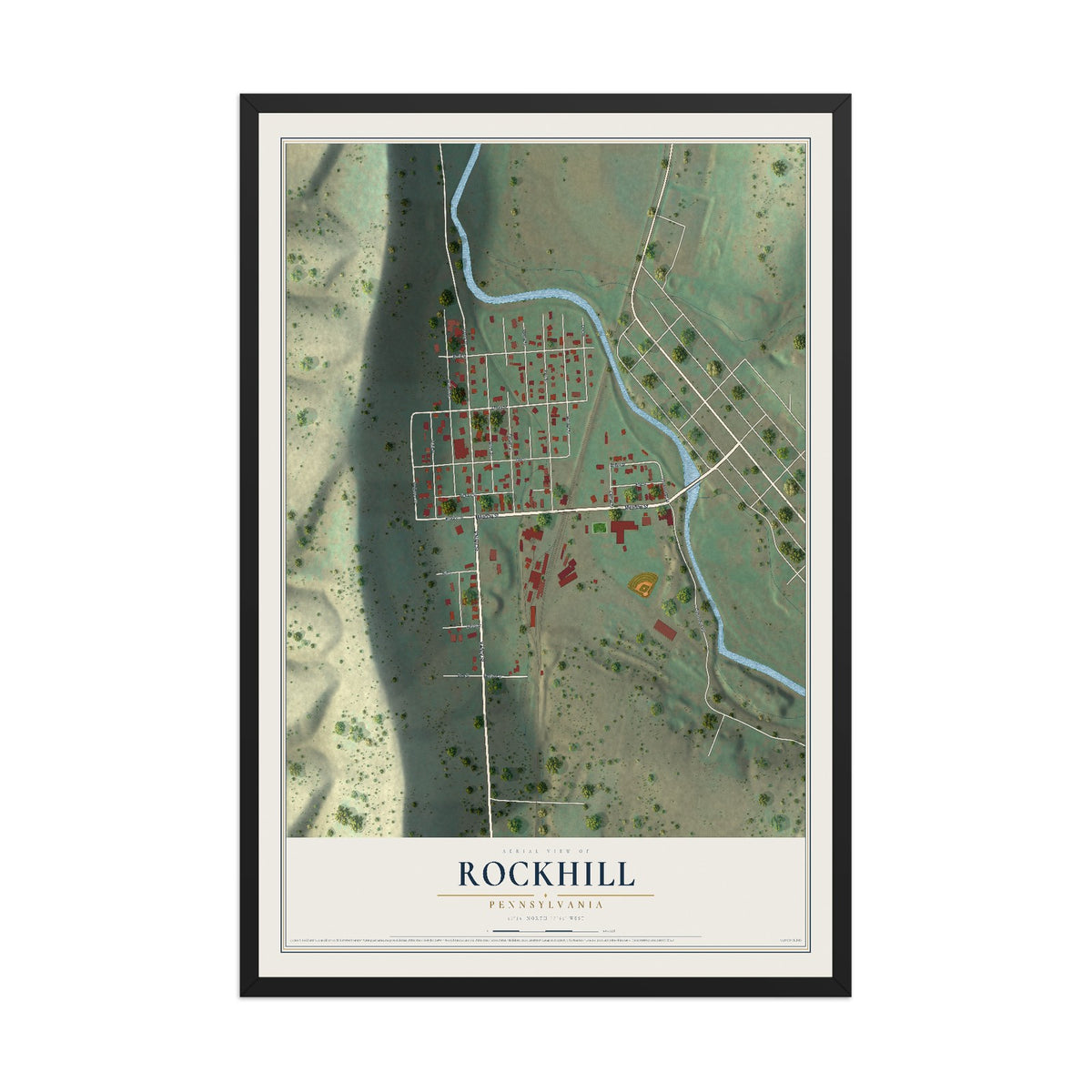 Map of Rockhill, Pennsylvania, 12 x 18 inch print in a black wood frame