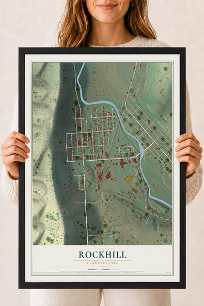 Map of Rockhill, Pennsylvania, 18 x 24 inch print in a black wood frame