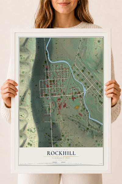 Map of Rockhill, Pennsylvania, 18 x 24 inch print in a white wood frame