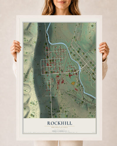 Map of Rockhill, Pennsylvania, 24 x 36 inch print in a white wood frame