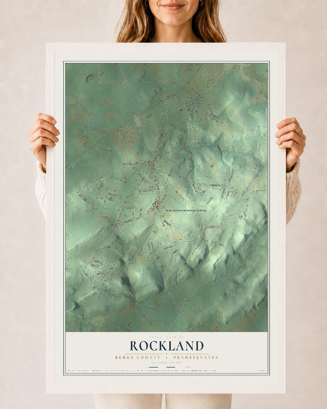 Map of Rockland, Berks County, Pennsylvania, 24 x 36 inch print in a white wood frame
