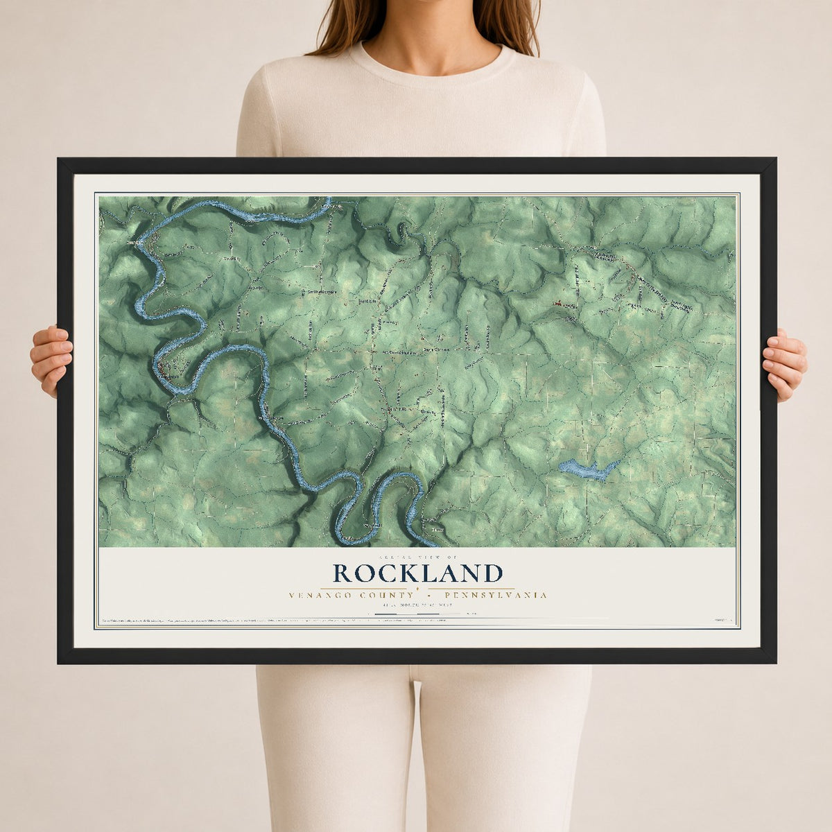 Map of Rockland, Venango County, Pennsylvania, 24 x 36 inch print in a black wood frame