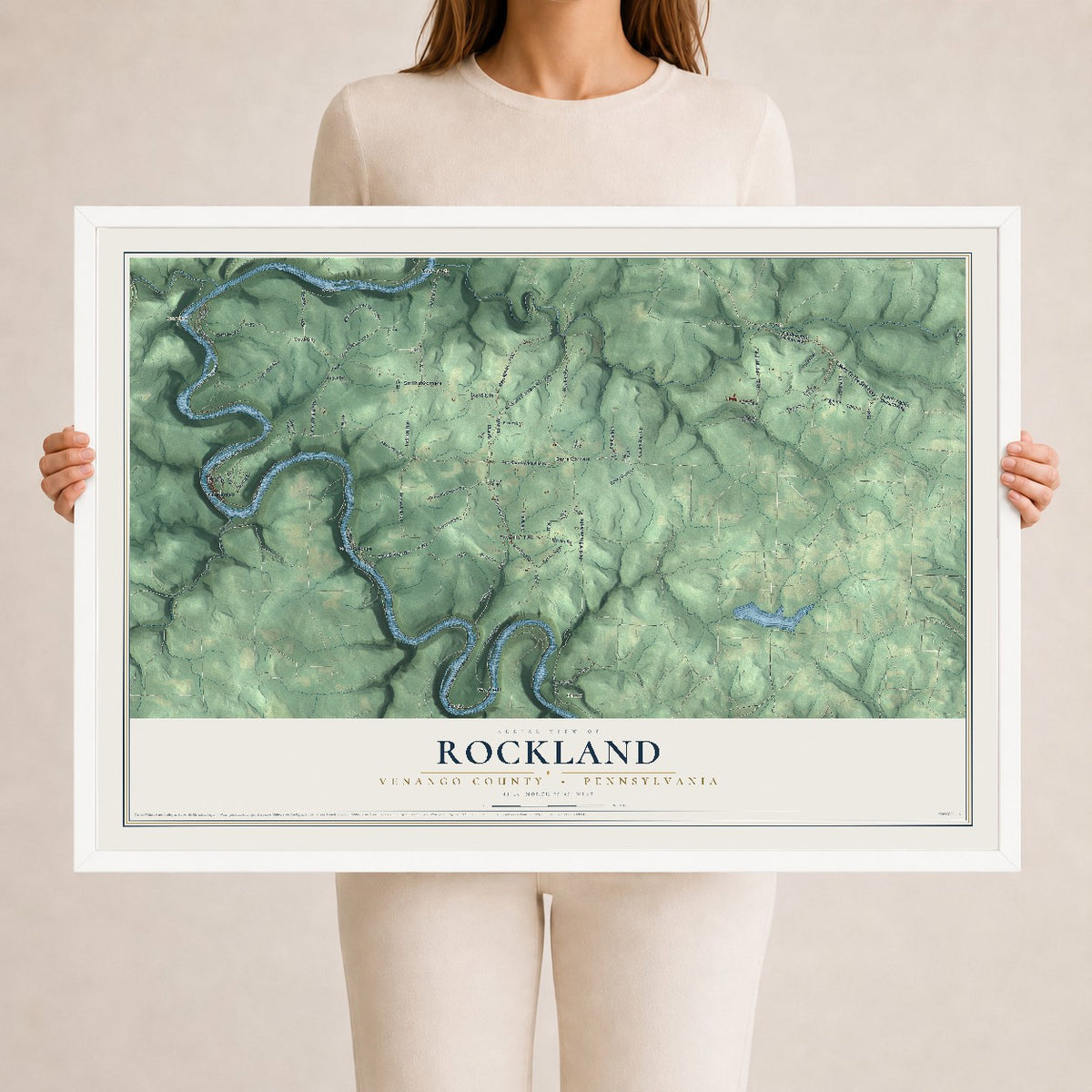 Map of Rockland, Venango County, Pennsylvania, 24 x 36 inch print in a white wood frame