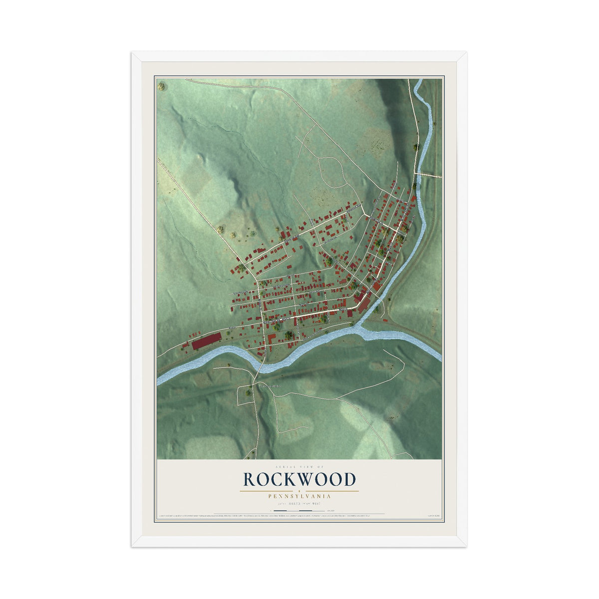 Map of Rockwood, Pennsylvania, 12 x 18 inch print in a white wood frame