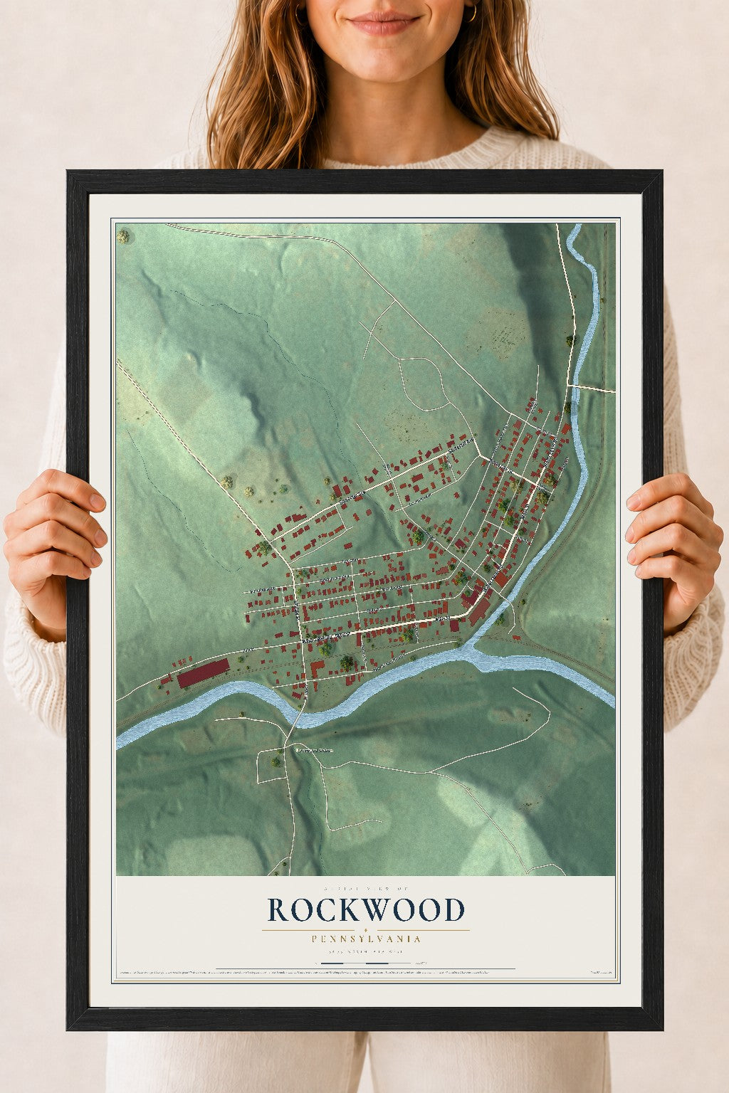 Map of Rockwood, Pennsylvania, 18 x 24 inch print in a black wood frame