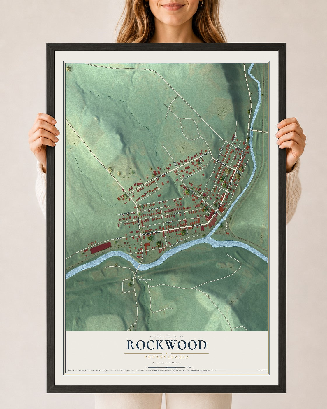 Map of Rockwood, Pennsylvania, 24 x 36 inch print in a black wood frame