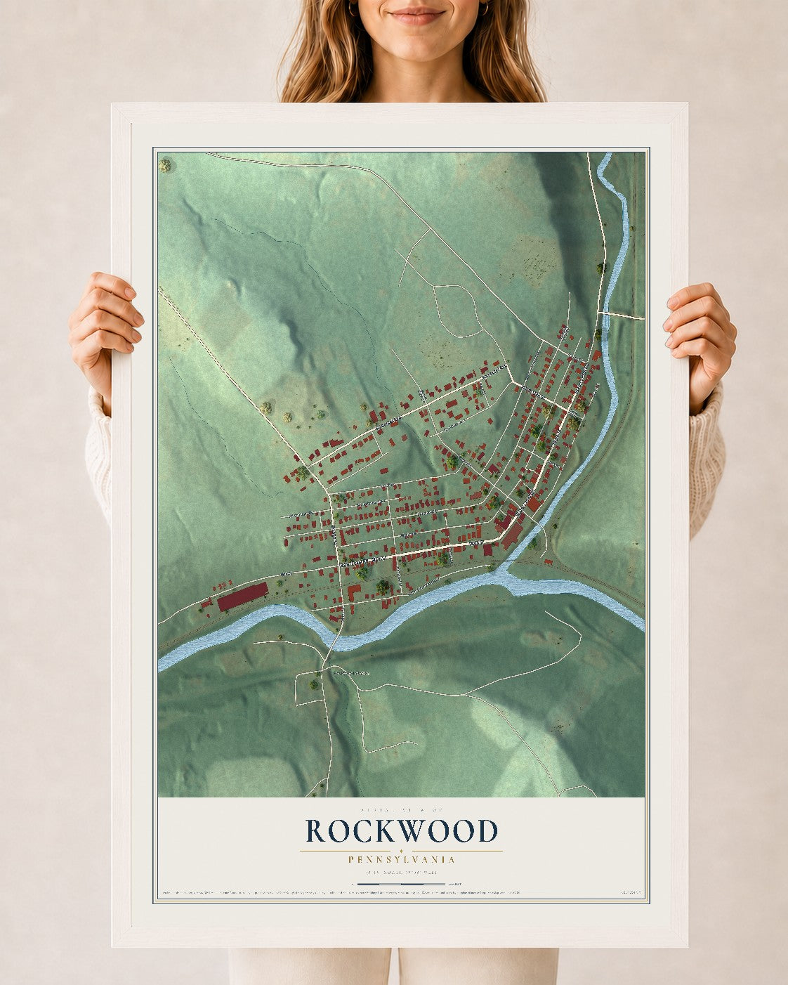 Map of Rockwood, Pennsylvania, 24 x 36 inch print in a white wood frame