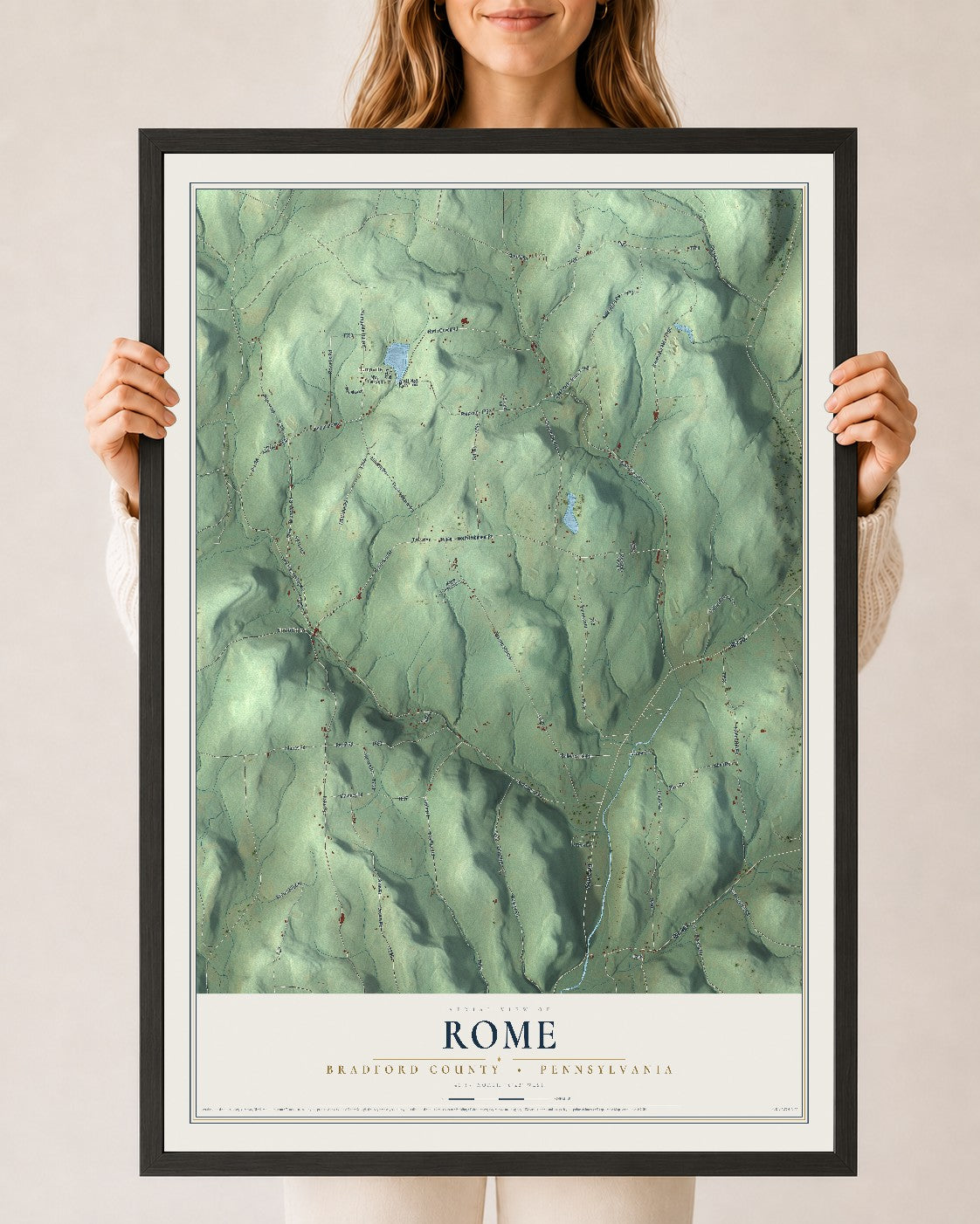 Map of Rome, Bradford County, Pennsylvania, 24 x 36 inch print in a black wood frame