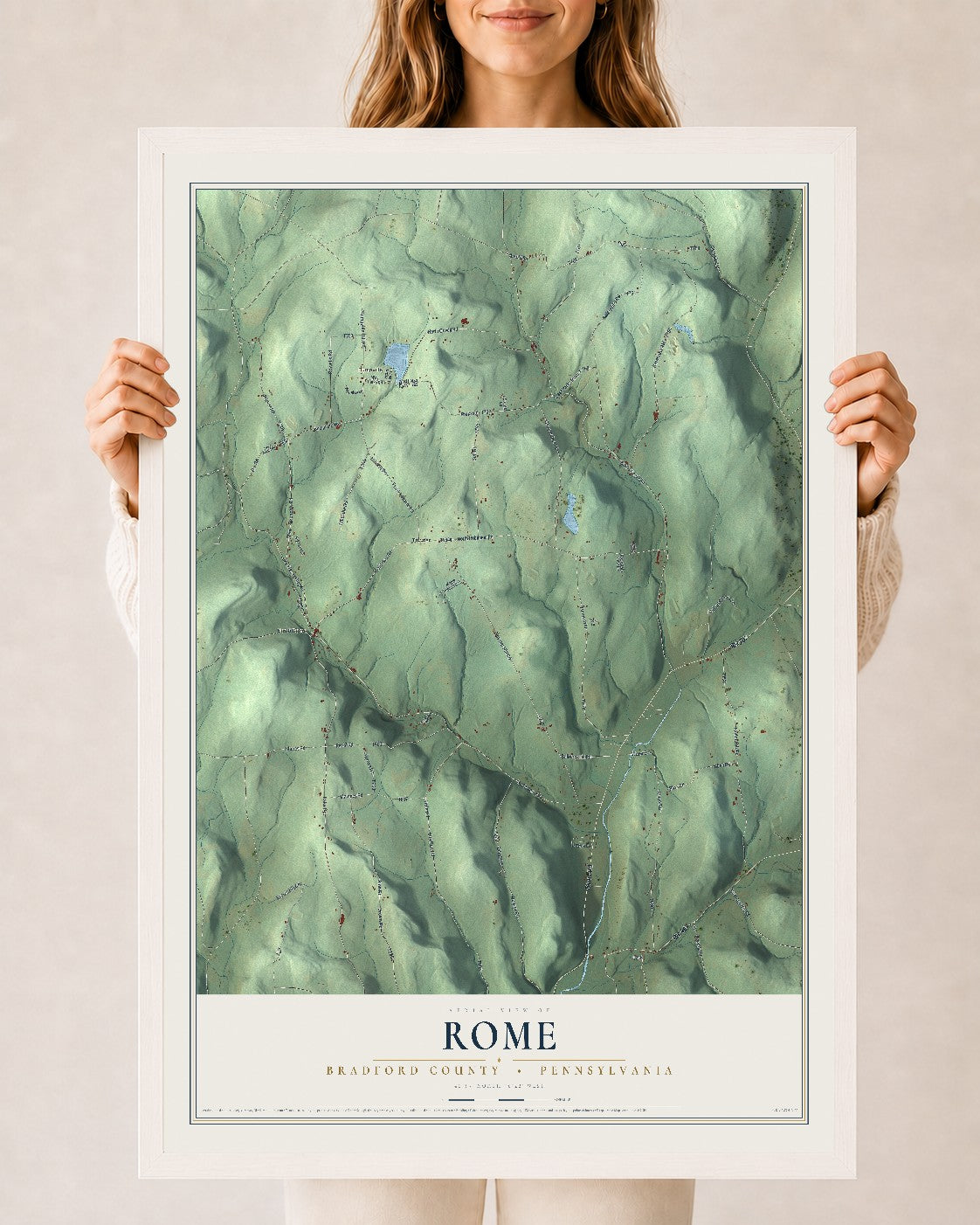 Map of Rome, Bradford County, Pennsylvania, 24 x 36 inch print in a white wood frame