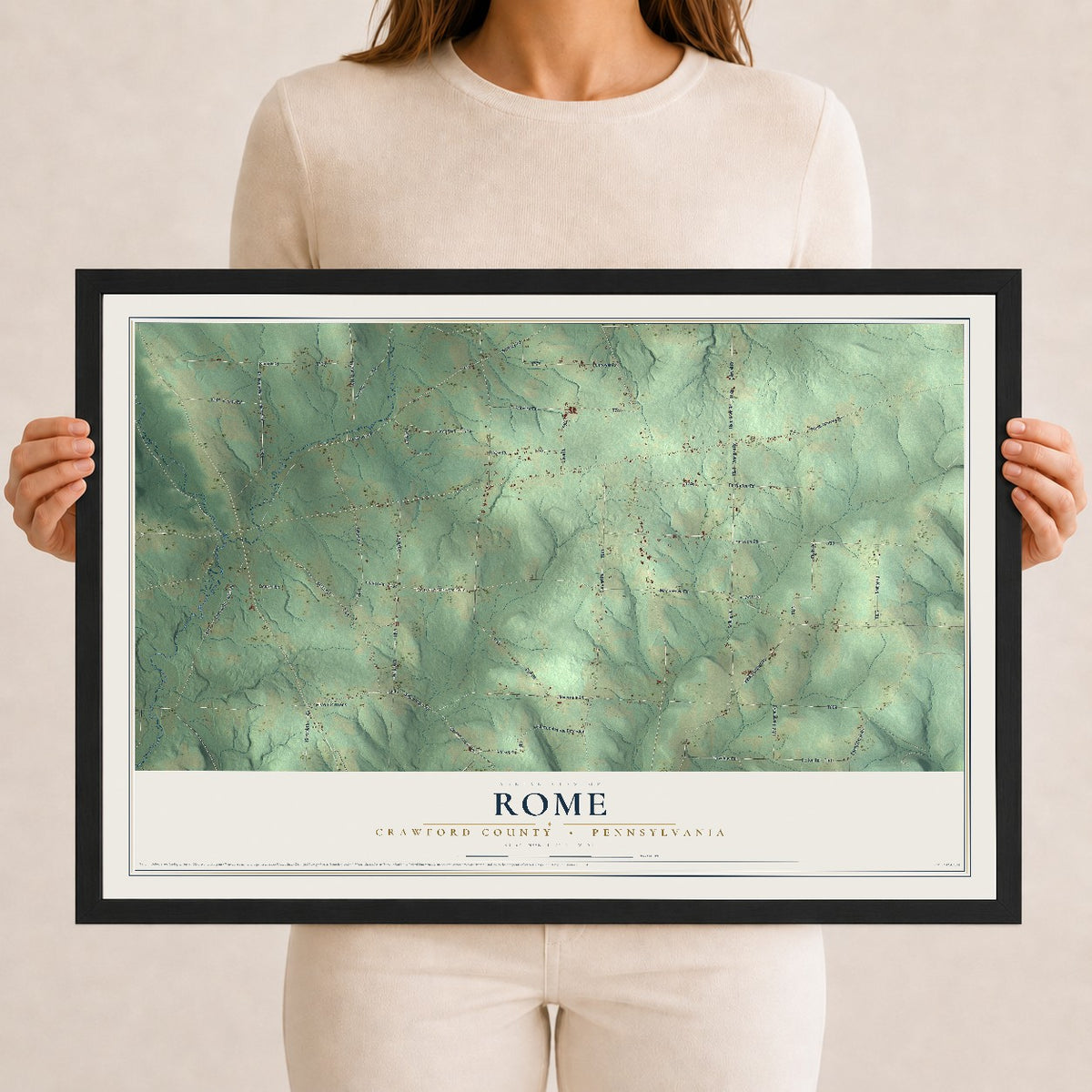 Map of Rome, Crawford County, Pennsylvania, 12 x 18 inch print in a black wood frame