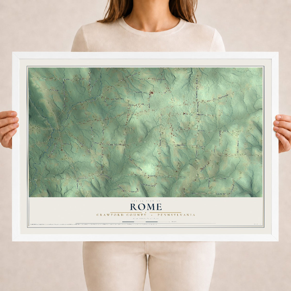 Map of Rome, Crawford County, Pennsylvania, 18 x 24 inch print in a white wood frame