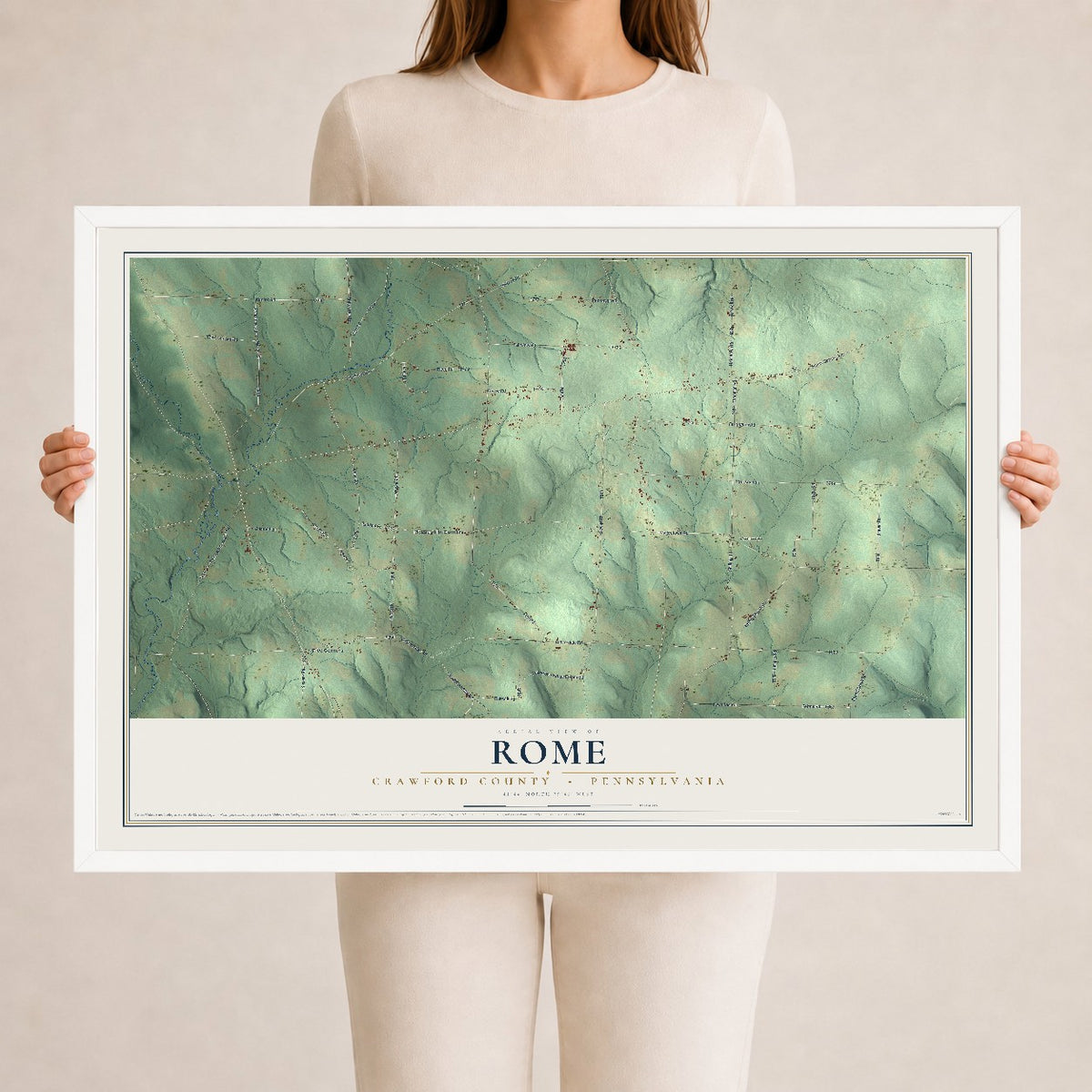 Map of Rome, Crawford County, Pennsylvania, 24 x 36 inch print in a white wood frame