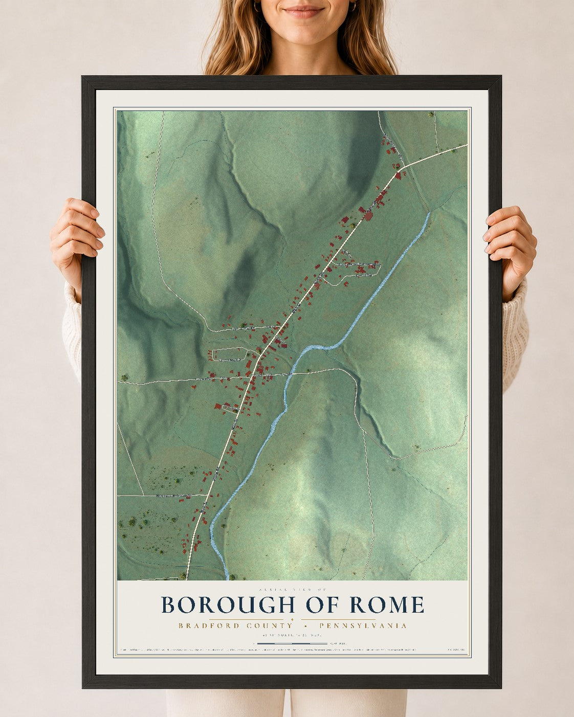 Map of the Borough of Rome, Bradford County, Pennsylvania, 24 x 36 inch print in a black wood frame