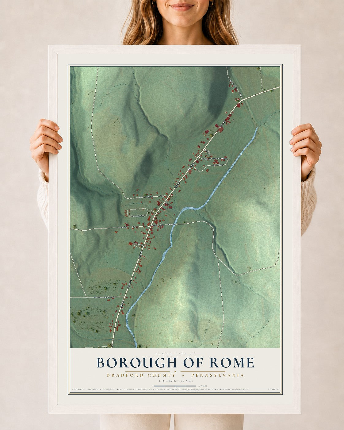 Map of the Borough of Rome, Bradford County, Pennsylvania, 24 x 36 inch print in a white wood frame