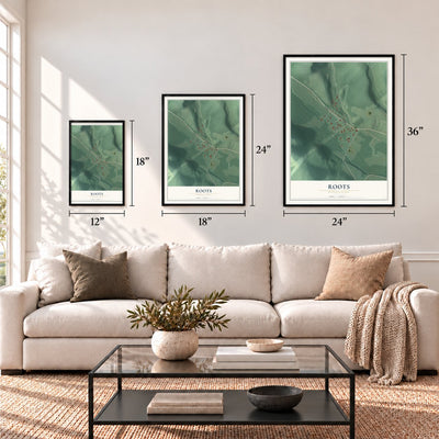 Roots, Pennsylvania map in 12 x 18, 18 x 24 and 24 x 36 inch sizes above a sofa