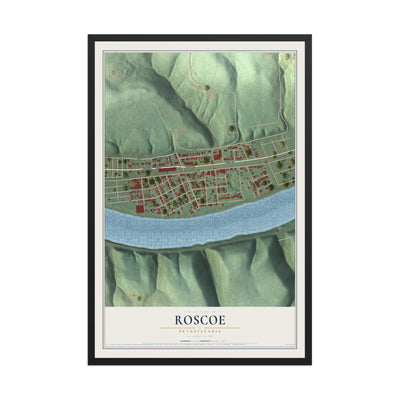 Map of Roscoe, Pennsylvania, 12 x 18 inch print in a black wood frame