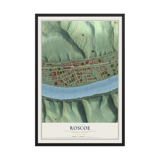 Map of Roscoe, Pennsylvania, 12 x 18 inch print in a black wood frame