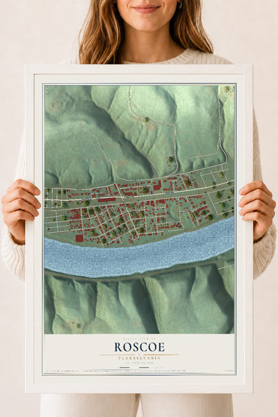 Map of Roscoe, Pennsylvania, 18 x 24 inch print in a white wood frame