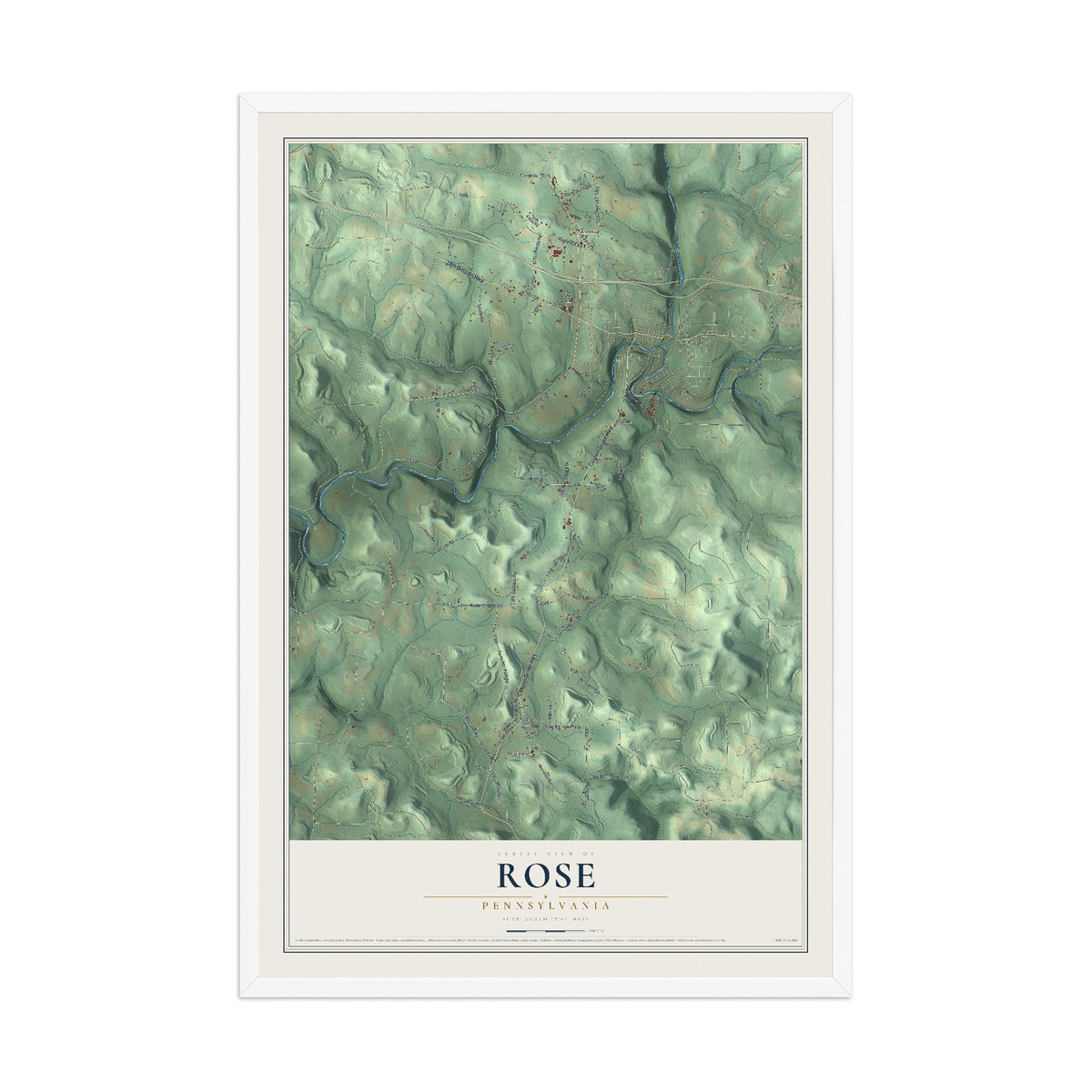 Map of Rose, Pennsylvania, 12 x 18 inch print in a white wood frame