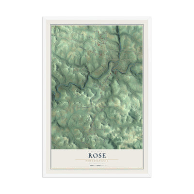 Map of Rose, Pennsylvania, 12 x 18 inch print in a white wood frame