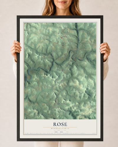 Map of Rose, Pennsylvania, 24 x 36 inch print in a black wood frame
