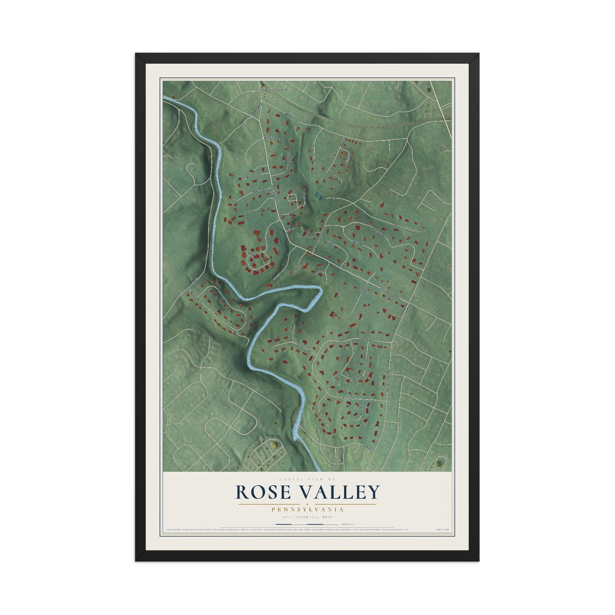 Map of Rose Valley, Pennsylvania, 12 x 18 inch print in a black wood frame
