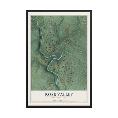 Map of Rose Valley, Pennsylvania, 12 x 18 inch print in a black wood frame