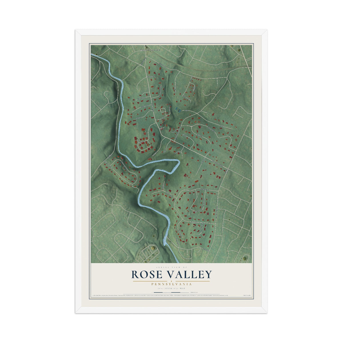 Map of Rose Valley, Pennsylvania, 12 x 18 inch print in a white wood frame