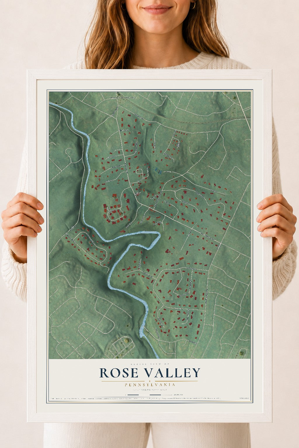 Map of Rose Valley, Pennsylvania, 18 x 24 inch print in a white wood frame