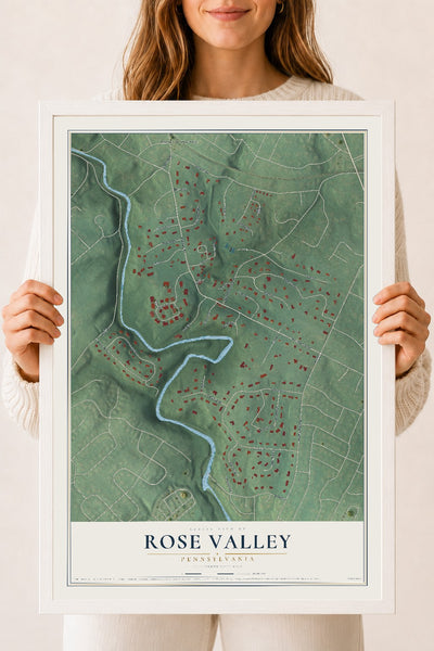Map of Rose Valley, Pennsylvania, 18 x 24 inch print in a white wood frame
