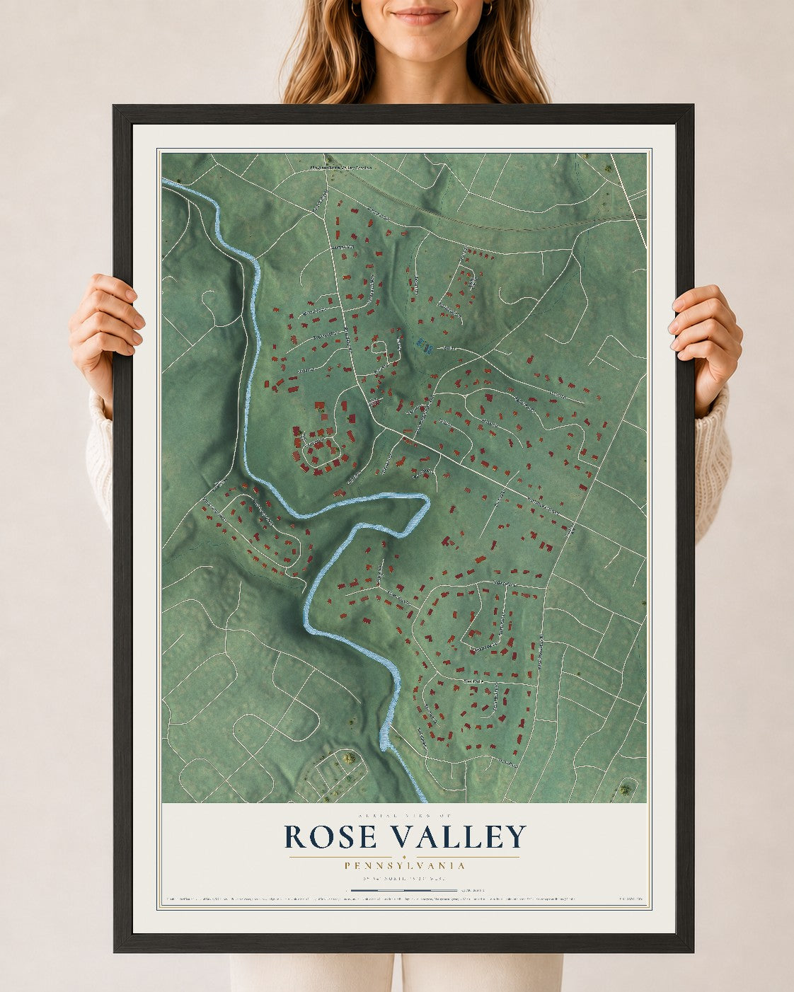 Map of Rose Valley, Pennsylvania, 24 x 36 inch print in a black wood frame