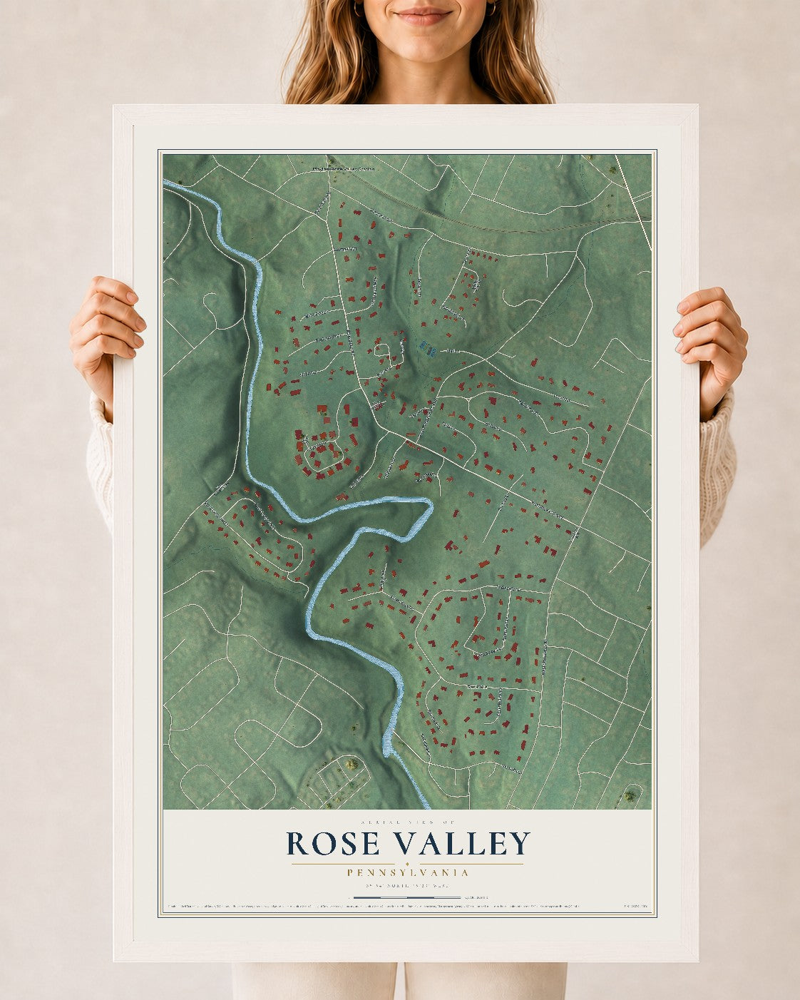 Map of Rose Valley, Pennsylvania, 24 x 36 inch print in a white wood frame