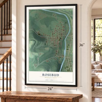 Rosebud, Pennsylvania map, 24 x 36 inch print in a black frame by a staircase