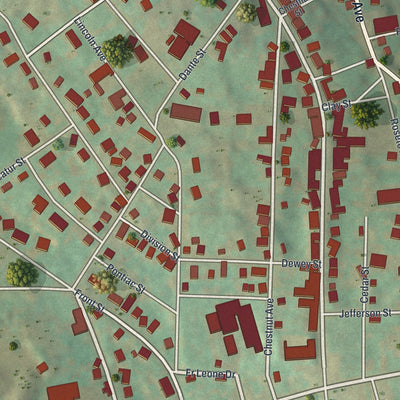 Close-up of the map of Roseto, Pennsylvania print showing street and building detail