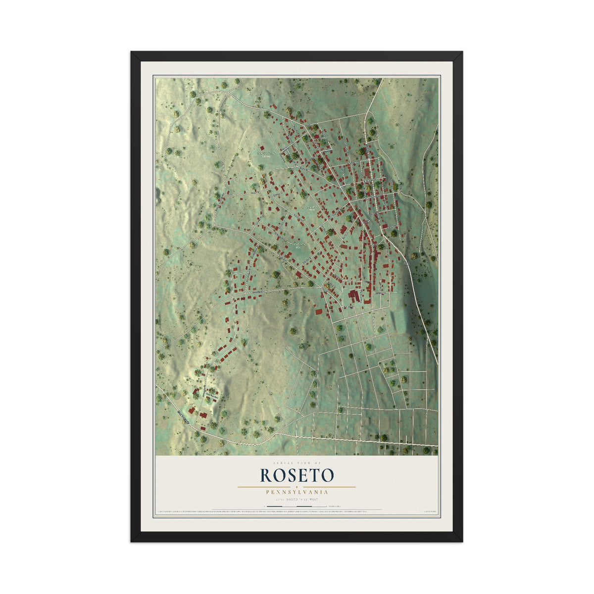 Map of Roseto, Pennsylvania, 12 x 18 inch print in a black wood frame