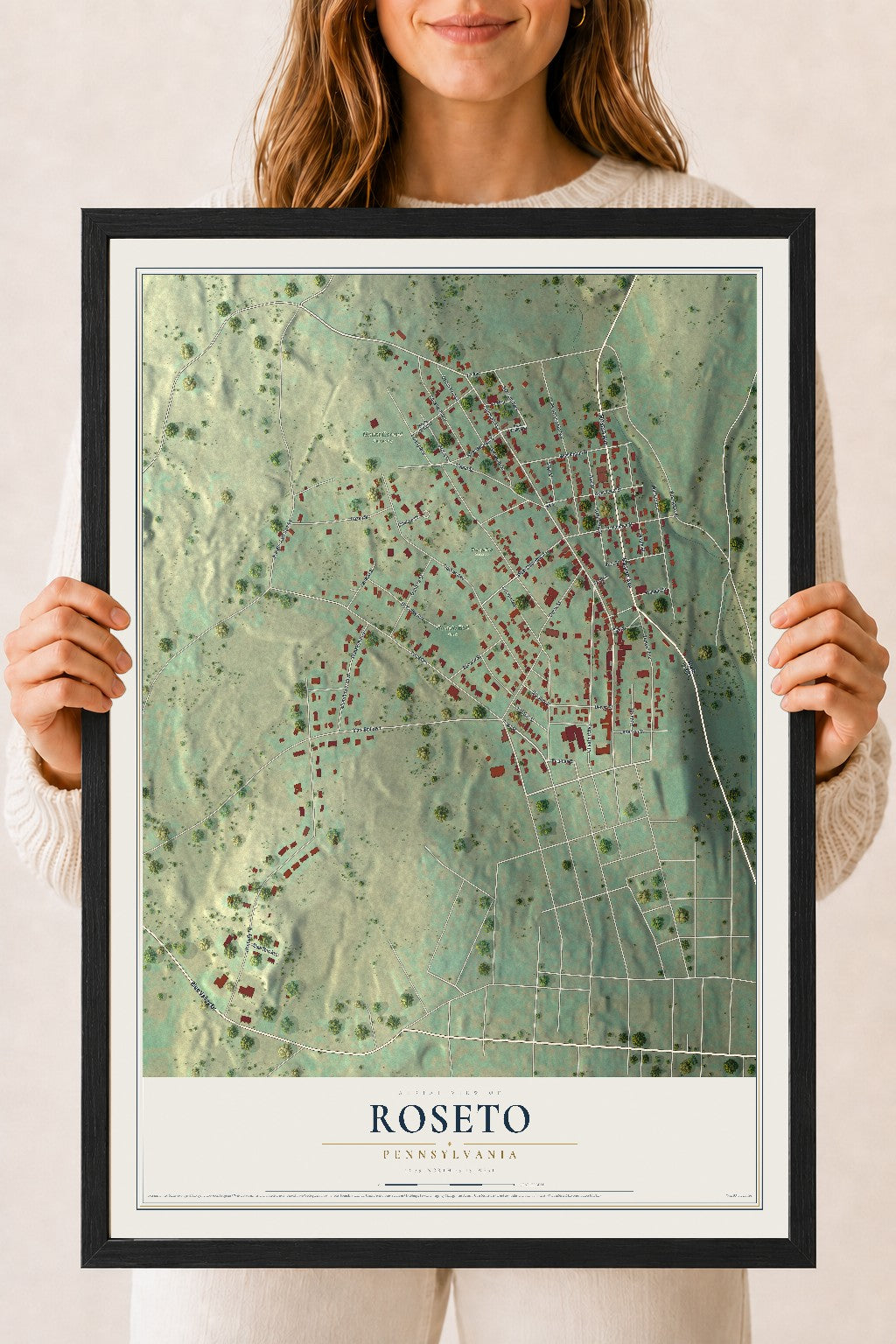 Map of Roseto, Pennsylvania, 18 x 24 inch print in a black wood frame