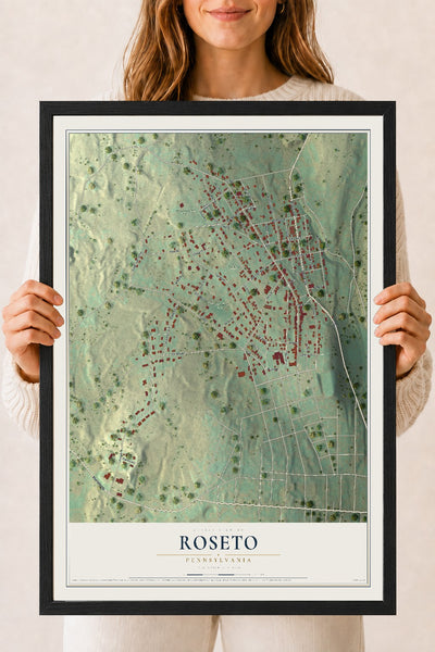 Map of Roseto, Pennsylvania, 18 x 24 inch print in a black wood frame