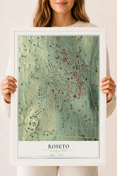 Map of Roseto, Pennsylvania, 18 x 24 inch print in a white wood frame