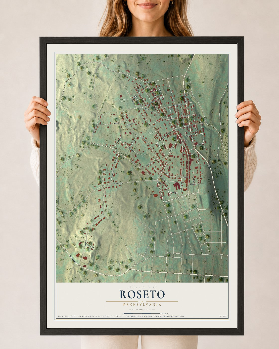Map of Roseto, Pennsylvania, 24 x 36 inch print in a black wood frame