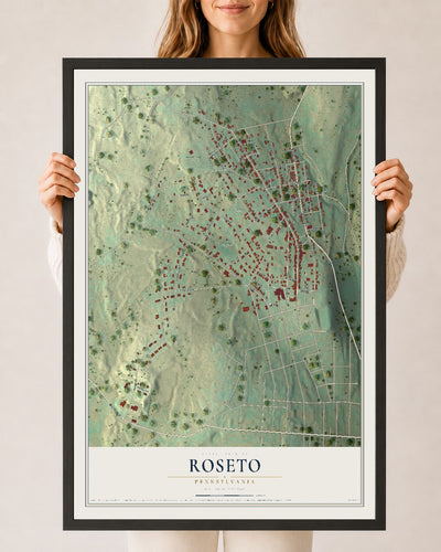 Map of Roseto, Pennsylvania, 24 x 36 inch print in a black wood frame