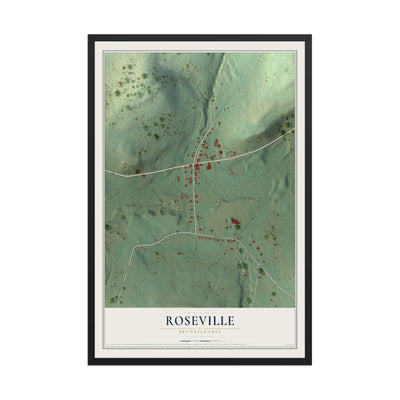 Map of Roseville, Pennsylvania, 12 x 18 inch print in a black wood frame