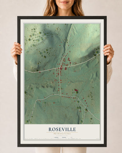 Map of Roseville, Pennsylvania, 24 x 36 inch print in a black wood frame