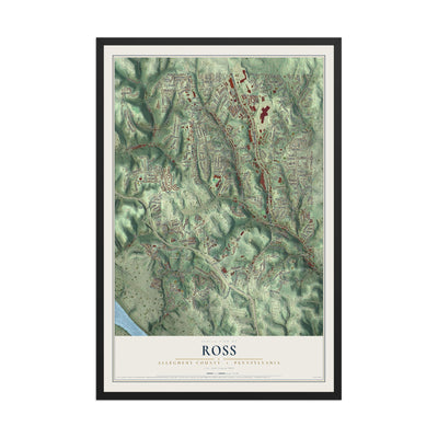 Map of Ross, Allegheny County, Pennsylvania, 12 x 18 inch print in a black wood frame