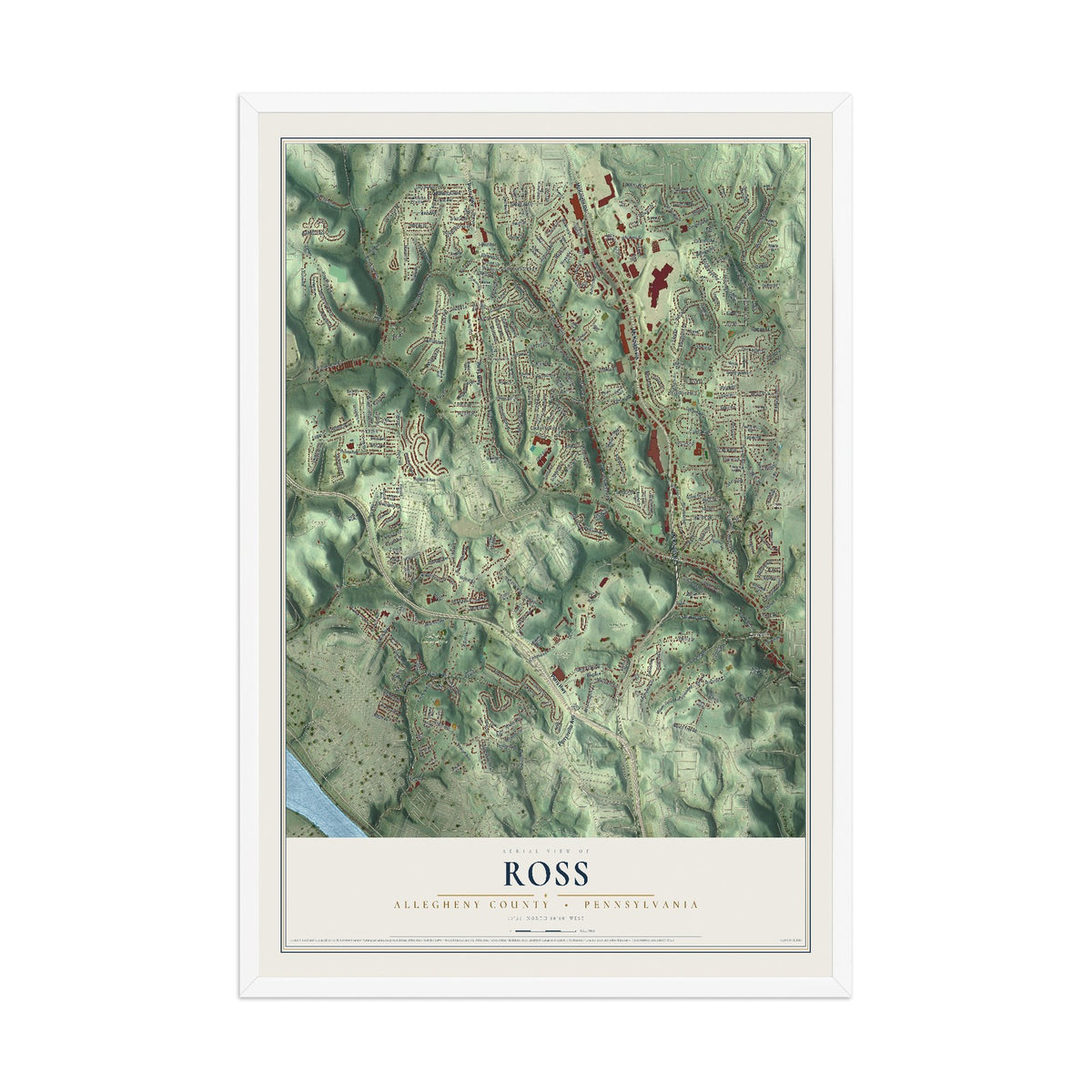 Map of Ross, Allegheny County, Pennsylvania, 12 x 18 inch print in a white wood frame