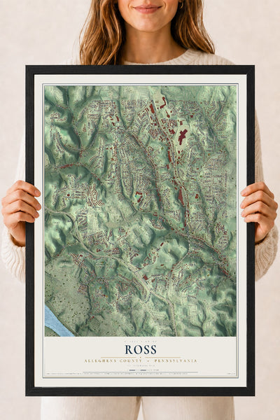 Map of Ross, Allegheny County, Pennsylvania, 18 x 24 inch print in a black wood frame